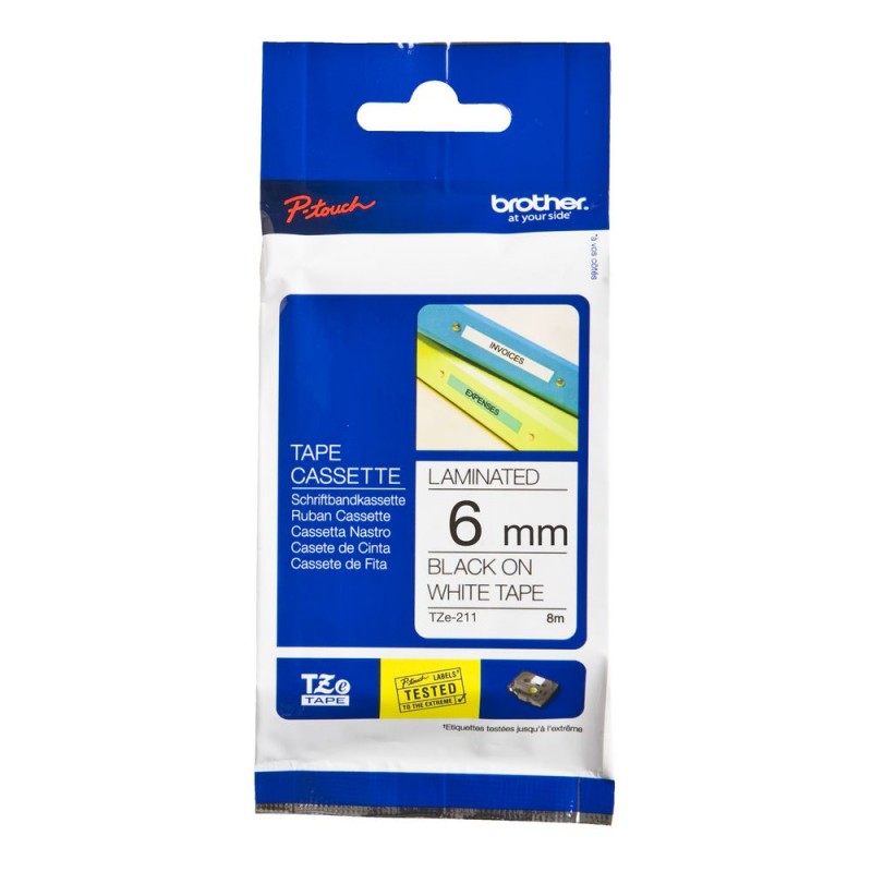 Brother TZe-211 Labelling Tape – Black on White, 6mm wide Standard Laminated